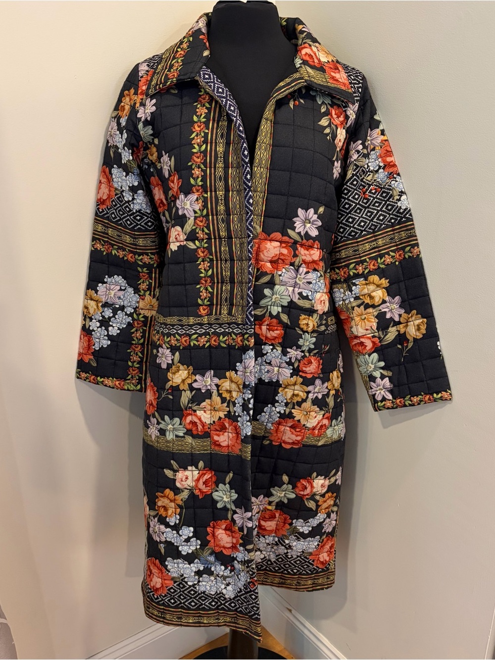 Avanti Quilted Floral Long jacket with Red & Cream Blooms